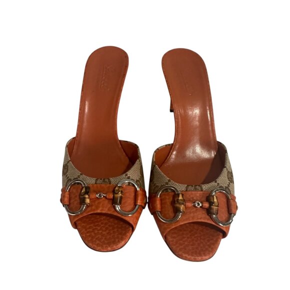 Vintage Gucci Orange Leather Horsebit Bamboo Heels Size 37 US 7 - Picture 8 of 9